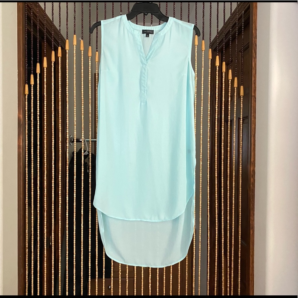 The Limited Light Blue Long Sheer High Low Sleeveless V-Neck Tunic Top Size S